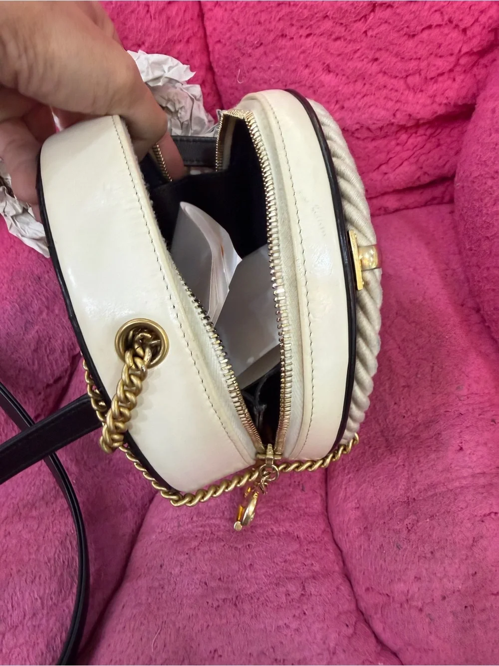 CHANEL Black Round Leather Crossbody with Cream Rope and Gold Hardware